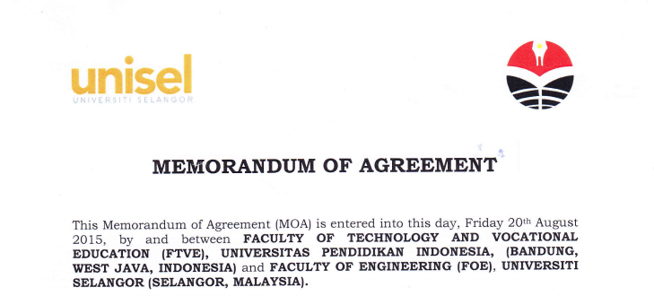 MoA between Faculty of Technology  and Vocational Education UPI and Faculty of Engineering University Selangor Malaysia