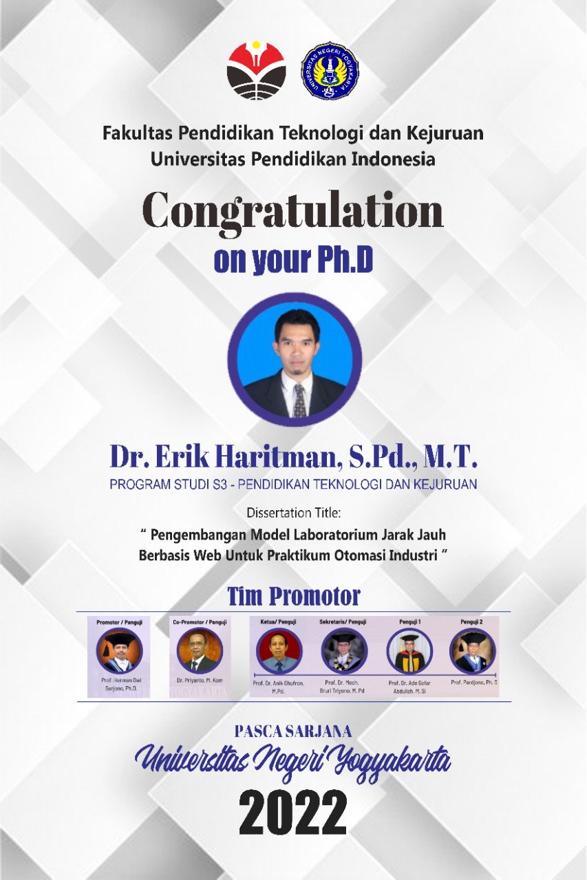 Congratulations and Success on the Doctoral Degree that has been achieved by Dr. Erik Haritman, S.Pd., M.T